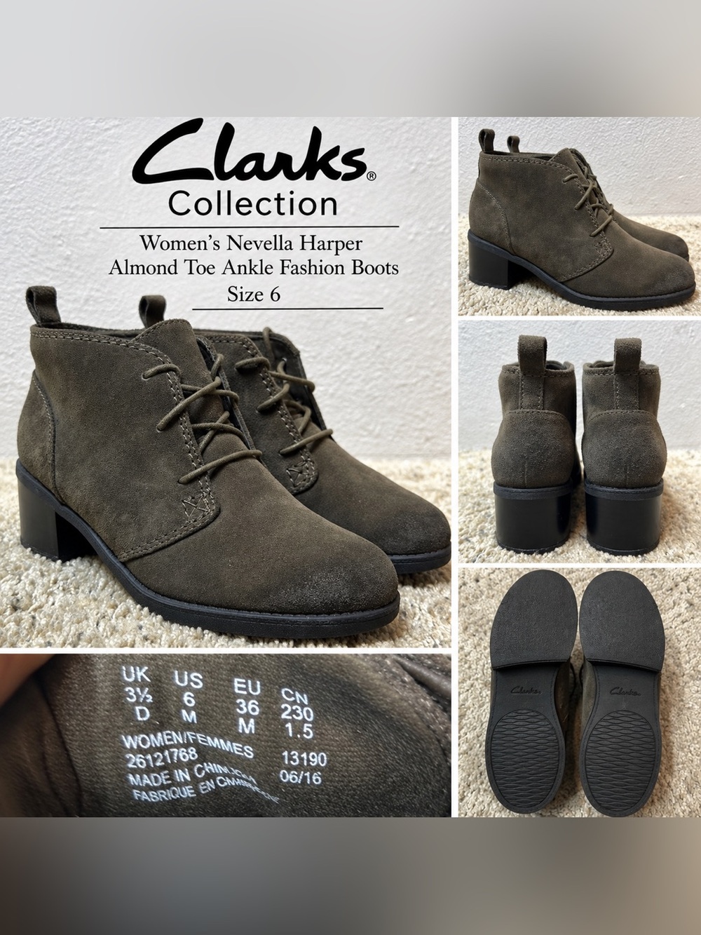 Clarks Collection Women’s Nevella Harper Almond Toe Ankle Fashion Boots, sz 6